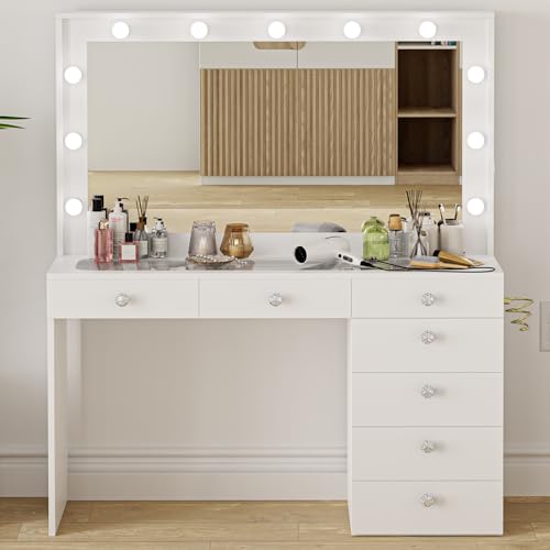 Boahaus Serena Large Makeup Vanity with Hollywood Lights Built-in, 7 Drawers, Hollywood Mirror, Hairdryer Hanger, Glass Top, Rose Gold Crystal Knobs, White Vanity Makeup Desk, 58''Hx47''Wx17''D - White Standard (Glass Top) - Rose Gold Crystal Knobs
