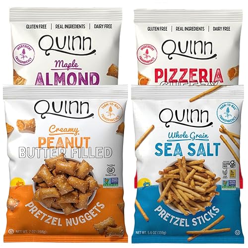 Quinn Pretzel Nuggets Quinntessential Pack - Made with Real Ingredients, Whole Grain Sorghum, Vegan, Gluten Free, Dairy Free, Non-GMO - Peanut Butter, Pizzeria, Sea Salt Stick, Maple (Pack of 4) - PB, Maple, Pizzeria & Sea Salt Sticks