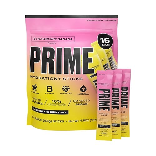 PRIME HYDRATION+ Sticks Strawberry Banana | Hydration Powder Single Serve Sticks | Electrolyte Powder On The Go | Low Sugar | Caffeine-Free | Vegan | 16 Sticks - Strawberry Banana - 16 Count