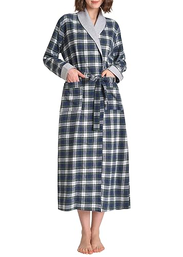Latuza Women's Plaid Flannel Robe Long Cotton Bathrobe with Pockets - XX-Large Plus - Green & White
