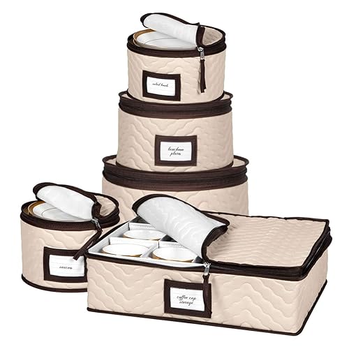 China Storage Containers 5-Piece Set Moving Boxes for Dinnerware, Glasses, Plates, Mugs and Saucers Sturdy Quilted Microfiber Dish Organizer with Dividers for Seasonal Storage - Holds Set of 12 - 5 Piece Storage Set - Beige