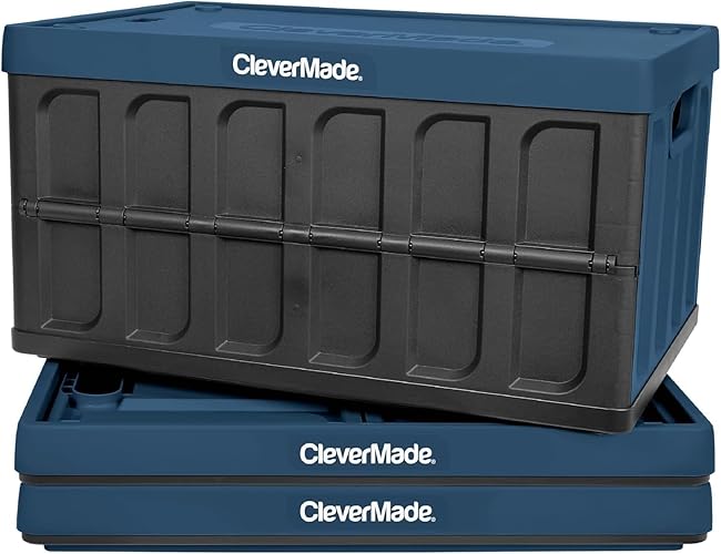 CleverMade Collapsible Storage Bin (With Lid), Ocean, 3PK - 46L (12 Gal) Folding Plastic Stackable Utility Crates, Holds 75lbs Per Bin - Solid Wall CleverCrates for Organizing, Storage, Moving - Ocean - 46 Liters
