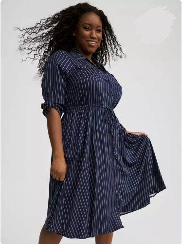 Torrid | Midi Challis Shirt Dress | Paula Pinstripe Peacoat