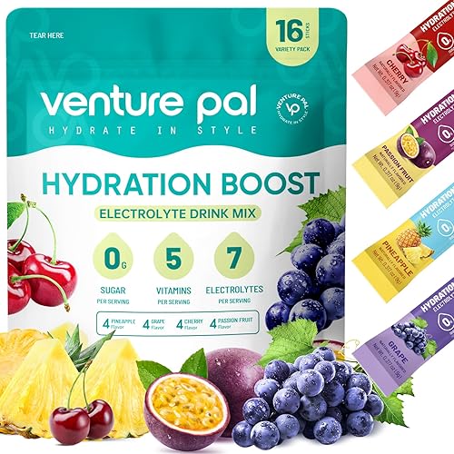 Venture Pal Sugar Free Electrolyte Powder Packets - Liquid Daily IV Drink Mix for Rapid Hydration & Party Recovery | 5 Vitamins & 7 Electrolytes| Keto Friendly | Non-GMO | Certified Vegan | 16 Sticks - V1-Variety