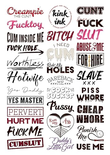 Kink Ink 30 Temporary Tattoos Adult Sexy Naughty Hardcore Words and Phrases, Long Lasting Semi Permanent Small to Medium Sized Fake Tattoos for Men and Women on A4 Sheet