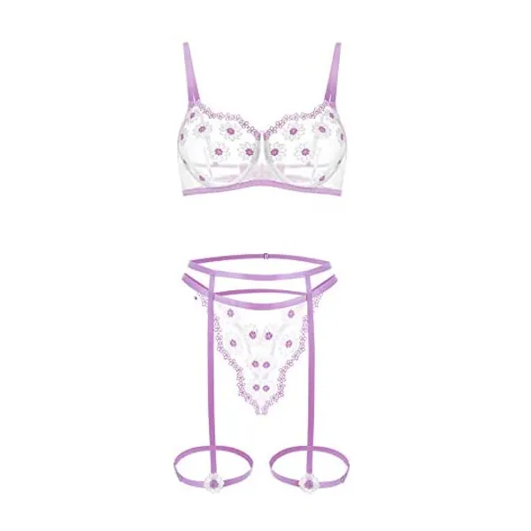 
                            Women Lingerie Sets with Garter Belt 3 Piece Lace Teddy Babydoll Sexy Bodysuit (Purple, S)
                        