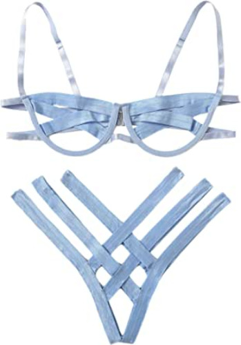SheIn Women's Sexy Ladder Cut Out Lingerie Set Push Up Two Piece Bra and Panty - Medium Blue