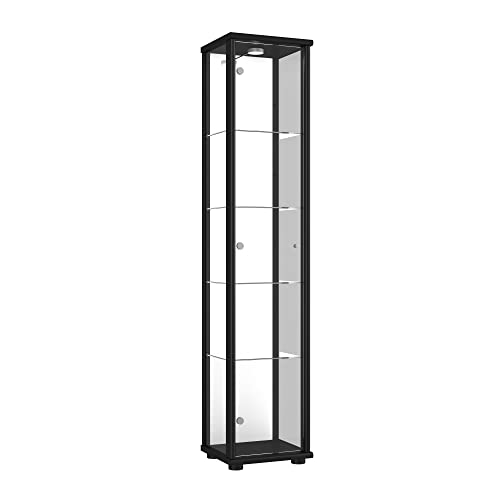 K-Möbel Vitrina de Cristal en Negro (176x37x33 cm) con 4 estantes de Cristal Regulables en Altura, Espejo, LED