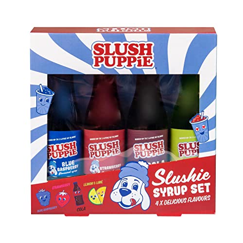 Slush Puppie Syrup Pack of 4 Assorted Flavours. Includes Iconic Blue Raspberry, Strawberry, Cola, Lemon & Lime flavours. 4 x 180ml Bottles. Officially Licensed Slush Puppie Merchandise.