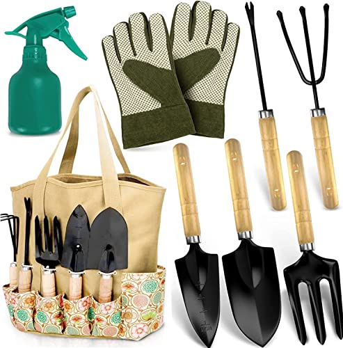 Scuddles Garden Tools Set - 8 Piece Heavy Duty Gardening Kit With Storage Organizer, Ergonomic Hand Digging Weeder Rake Shovel Trowel Sprayer Gloves Gift for Men Or Women - Kit