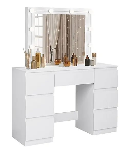 WOLTU Schminktisch mit LED-Beleuchtung, einstellbare Helligkeit, Kosmetiktisch mit großem Spiegel, Frisiertisch mit 7 Schubladen, 110x140,5x39,5 cm, Kommode Schlafzimmer Weiß, MB6099ws