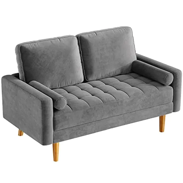 Vesgantti 2 Sitzer Sofa, Samt Kleines Couch mit 2 Wurfkissen, Modern 2er Gästesofa mit Armlehne, Getuftetes Loveseat Sofas für Wohnzimmer/Schlafzimmer/Büro/Wohnung, 148,5 x 78 x 85cm, Grau