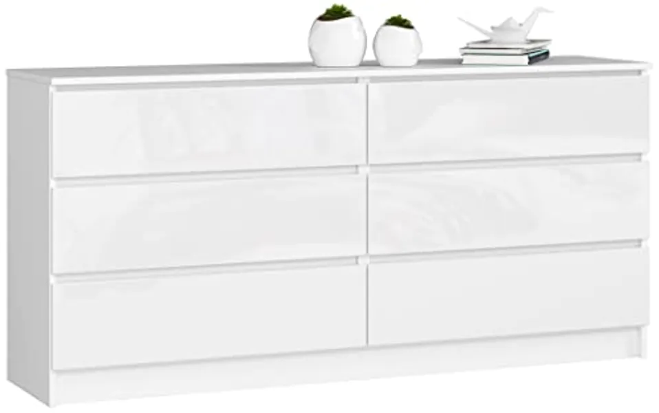 AKORD Kommode K-160 mit 6 (2 x 3) Schubladen | für das Wohnzimmer Schlafzimmer Schrank Büro Arbeitszimmer | Modernes Funktionales Design | B160 x H77 x T40 cm, Gewicht 70 kg | Weiß/Weiß Glänzend