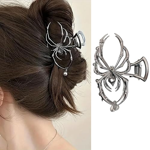 Vsdski Halloween Hair Claw Clips Metal Spider Hair Clips Punk Black Claw Clips for Thick/Thin Hair Pearl Charm Design Hair Jaw Clips Strong Hold Hair Barrettes Halloween Hair Accessories for Women