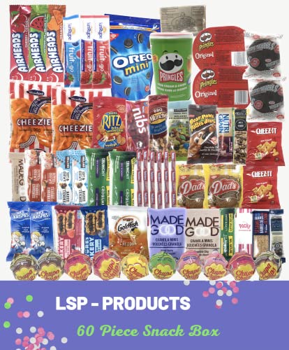 60 Piece Snack and Candy Box - Movie Night Variety Pack - Assortment of Candy, Cookies, Popcorn, Cheezies, Nibs, Pringles, Granola Bars, Airheads, Oreos and More