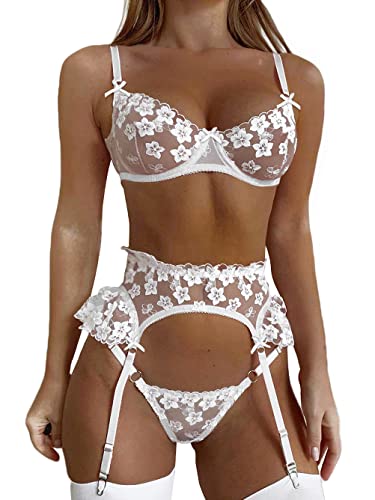 Kaei&Shi Garter Lingerie for Women,Underwire Embroidered Sexy Lingerie,Ruffle 3 Piece Lingerie Set - 0-2 - White