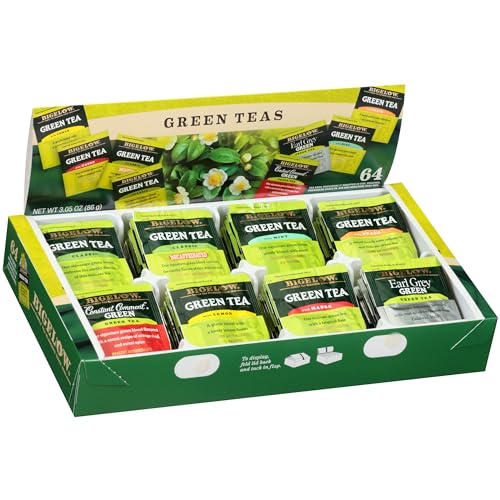 Bigelow Tea Green Tea Assortment, Individually Wrapped Tea Bags with Classic, Decaffeinated, Mint, Peach, Constant Comment, Lemon, Mango, and Earl Grey Teas, 64 Tea Bags (Pack of 1) - Green Tea - 64 Count (Pack of 1)