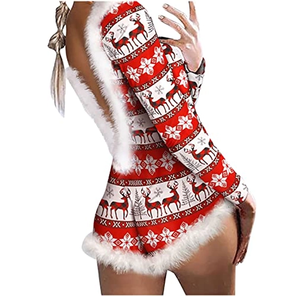 Zzalalana Christmas Fuzzy Pajamas for Women Bodysuit Lingerie Deep V Neck Xmas Printed Long Sleeve Teddy Onesie Sleepwear