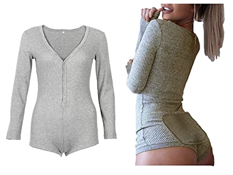 Roselux Women's Sexy Deep V Neck Shorts Long Sleeve Knitted One Piece Bodysuit Sexy Pajama Onesie Bodycon Rompers Overall