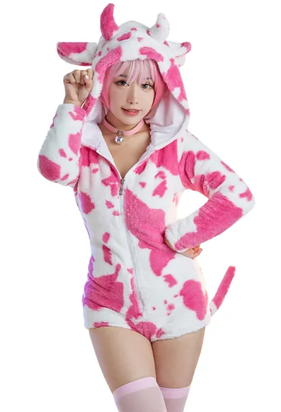 Women Sexy Onesie Pajama Fluffy Pink Cow Print Bodysuit Hooded Homewear with Choker and Socks