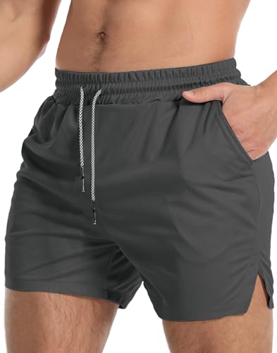 Aolesy Men's Gym Workout Shorts 5" Lightweight Bodybuilding Athletic Shorts Running Training with Zip Pockets & Towel Loop - Regular Fit - Medium - Dark Grey