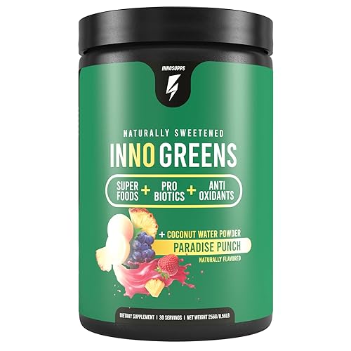 Inno Greens | 28+ Organic Greens & Superfoods | Advanced Prebiotics + Probiotics | Super Antioxidant + Hydration | Spirulina, Chlorella, Ashwagandha | Natural, Non-GMO | 30 Servings (Paradise Punch) - Paradise Punch