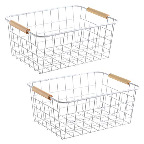 LeleCAT white wire baskets with Wooden Handles Storage Organizer Baskets, Household Refrigerator for Cabinets, Pantry, Closets, Bedrooms, kitchen - Set of 2（White） - New-White2 - Medium