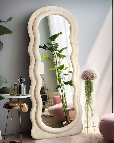 ITSRG Floor Mirror with Stand, Full Length Mirror Wall Mounted, Full Length Floor Mirror, Standing Mirror Full Length, Irregular Wavy Mirror, Flannel Wrapped Wooden Frame Mirror, White - White - 24" x 63"