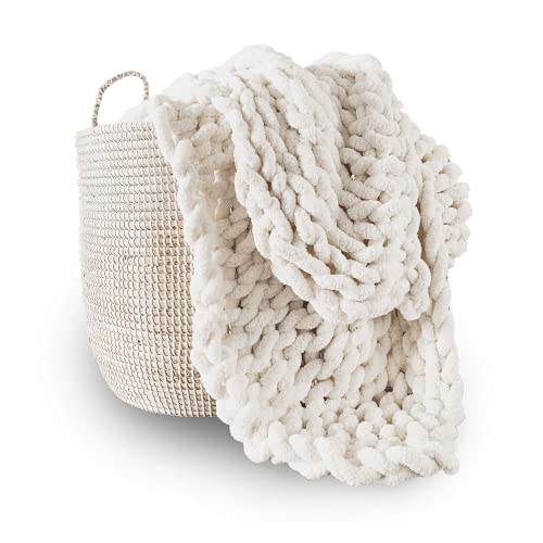 Adyrescia Chunky Knit Blanket Throw | 100% Hand Knit with Jumbo Chenille Yarn (50"x60", Cream White) - 50"x60" - Cream White