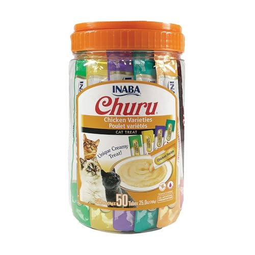 INABA Churu Cat Treats, Grain-Free, Lickable, Squeezable Creamy Purée Cat Treat/Topper with Vitamin E & Taurine, 0.5 Ounces Each Tube, 50 Tubes, Chicken Variety - Chicken Variety - 0.5 Ounce (Pack of 50)