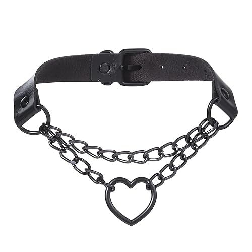 FM FM42 PU Simulated Leather Gothic Punk Black-tone Silver-tone Heart Ring Cuban Curb Link Chain Adjustable Neckband Collar Choker - Black-tone, Black
