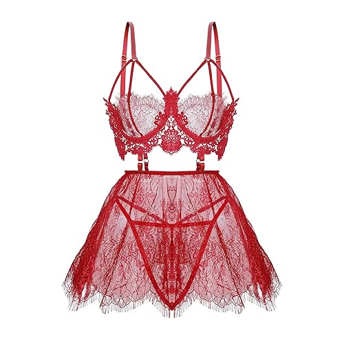 SPORCLO Plus Size Lingerie for Women Lace Black Babydoll Sexy Mesh High Waisted Nightdress Strappy Exotic Sleepwear - 3X-Large - Red