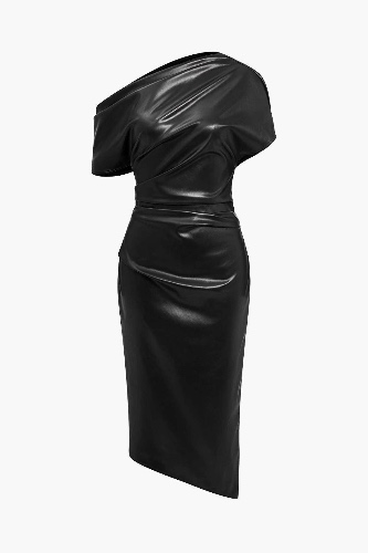 Bodycon-jurk van imitatieleer met één schouder | BLACK / M