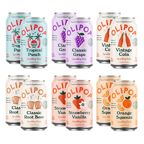 Olipop - 6-Flavor Sparkling Tonic Variety Pack, Prebiotic Soda Sampler, Contains Rich in Botanicals, 9g of Dietary Plant Fiber, 2-5g Sugar per Can, Vegan, Paleo-Friendly, Non-GMO (12 oz, 12-Pack)