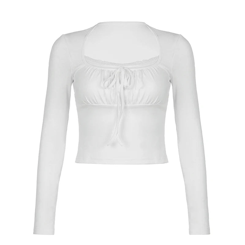 White Lace Patchwork Cute Kawaii Long Sleeve Cropped Top - White / S
