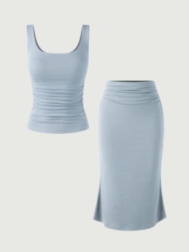 Eco-SkinKiss®2.0 Ruched Sides Square Brami Tank Top-Hip Length & Mermaid Midi Skirt 2Pcs Set - Ice Blue / XS