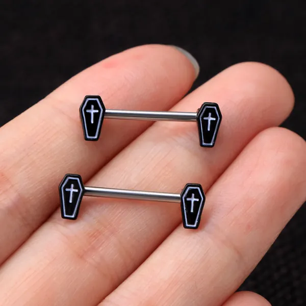 Unique Coffin Nipple Ring/14G Nipple Barbell/Surgical Steel Nipple Piercing Jewelry/Nipple Bar/Halloween/Sexy Body Jewelry/Black Friday