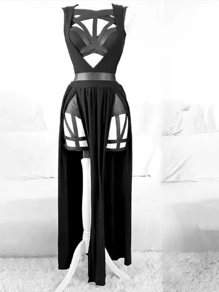 Gothic Bandage Bustier Top and Double Slit Skirt Set in Black