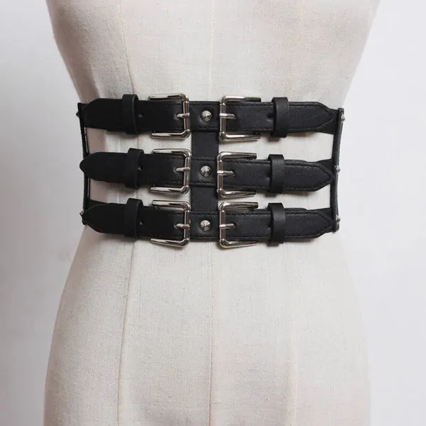 Earendil - 3 Straps Belt, PU Leather Elastic Belt, Waist Harness, Waistband, Corset Belt, Metal Belt, Gothic Belt