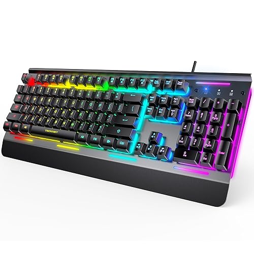 TECKNET Gaming Keyboard, USB Wired Computer Keyboard, 15-Zone RGB Illumination, IP32 Water Resistance, 25 Anti-ghosting Keys, All-Metal Panel (Whisper Quiet Gaming Switch) - Black