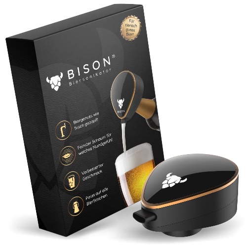 BISON Biersonikator | Ultraschall Flaschenaufsatz für Bier wie frisch gezapft | Geschenke für Männer - Schwarz-gold