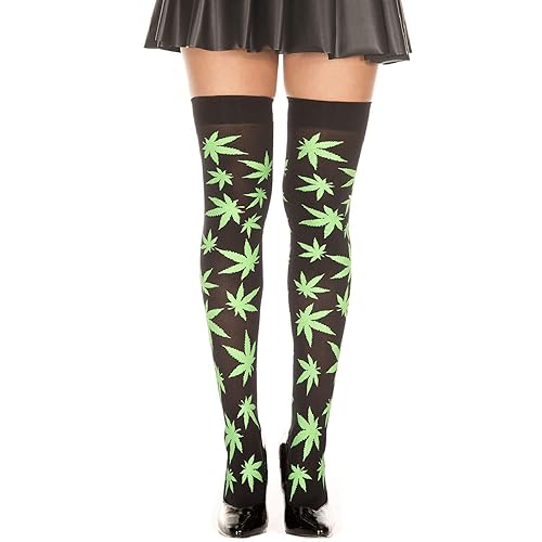 MUSIC LEGS Women's Leaf Print Thigh High - One Size - Black/Green