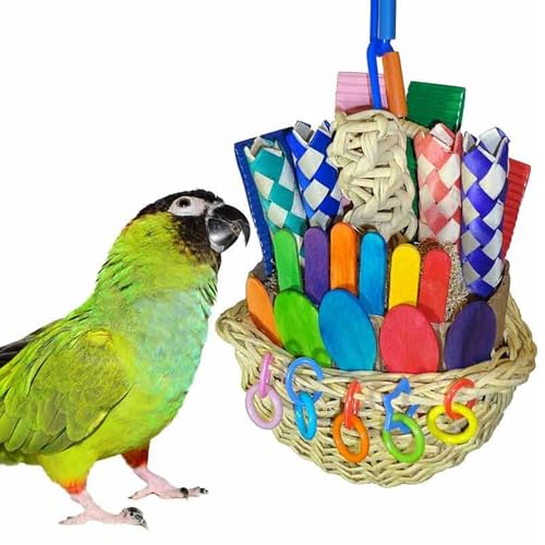 Super Bird Creations SB669 Wicker Foraging Basket Bird Toy for Ringnecks, Medium Conures, Quakers, Caiques, Pionus, Senegals - Crunchy Multi-Colored Textures - Medium Bird Size, 10” x 4” x 5”