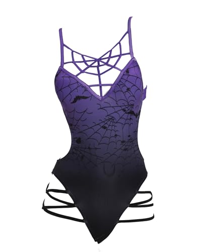 MEOWCOS Women's One Piece Swimwear Purple Spider Web Swimsuits Bathing Suit - Medium - Purple