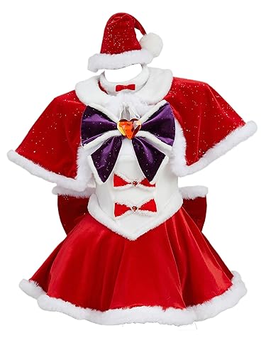 Mobbunny Women Christmas Anime Cosplay Costume Red Fluffy Dress Outfits with Cape and Santa Hat - Large - Red