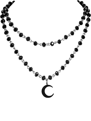 Sacina Gothic Moon Necklace, Moon Necklaces for Women, Layered Black Crescent Moon Necklace, Bead Onyx Necklace, Gothic Necklace, Goth Necklace, Christmas New Year Jewelry Gift for Women