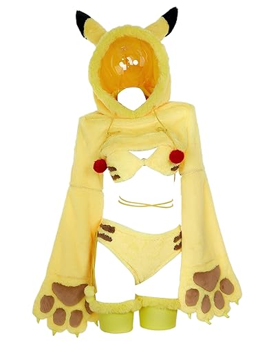 Mobbunny Anime Cosplay Lingerie Set for Women Yellow Plush Pajamas Homewear Furry Paw Gloves Hoodie Top and Bra Panty - X-Large - Yellow