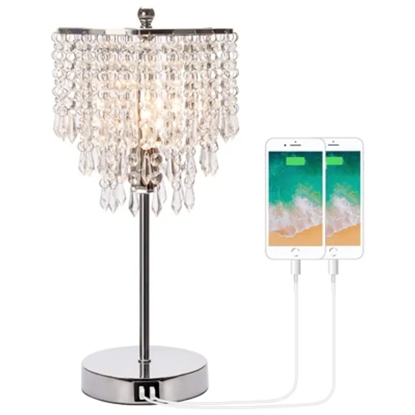 Touch Control Crystal Table Lamp with Dual USB Charging Ports, 3-Way Dimmable Bedside Touch Lamp Decorative Nightstand Lamp with Elegant Lamp Shade for Living Room Bedroom, B11 6W LED Bulb Included