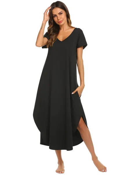 Ekouaer Women's Nightgown Pockets Casual V Neck Nightshirts Short Sleeve Long Dresses S-XXL - 01 Black X-Large