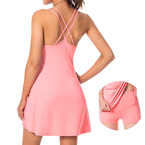 Lightbare Women’s Tennis Dress with Built-in Bra & Detachable Shorts Adjustable Straps UPF 50+ Quick Dry - Peach Amber - Small